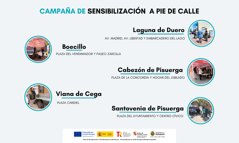 Cartel informativo titulado "CAMPAÑA DE SENSIBILIZACIÓN A PIE DE CALLE". Presenta una lista de cinco ubicaciones en la provincia de Valladolid donde se lleva a cabo la campaña, cada una con fotos circulares de las actividades y direcciones específicas: Boecillo (Plaza del Vendimiador), Laguna de Duero (Av. Madrid), Cabezón de Pisuerga (Plaza de la Concordia), Viana de Cega (Plaza Cardiel) y Santovenia de Pisuerga (Plaza del Ayuntamiento).